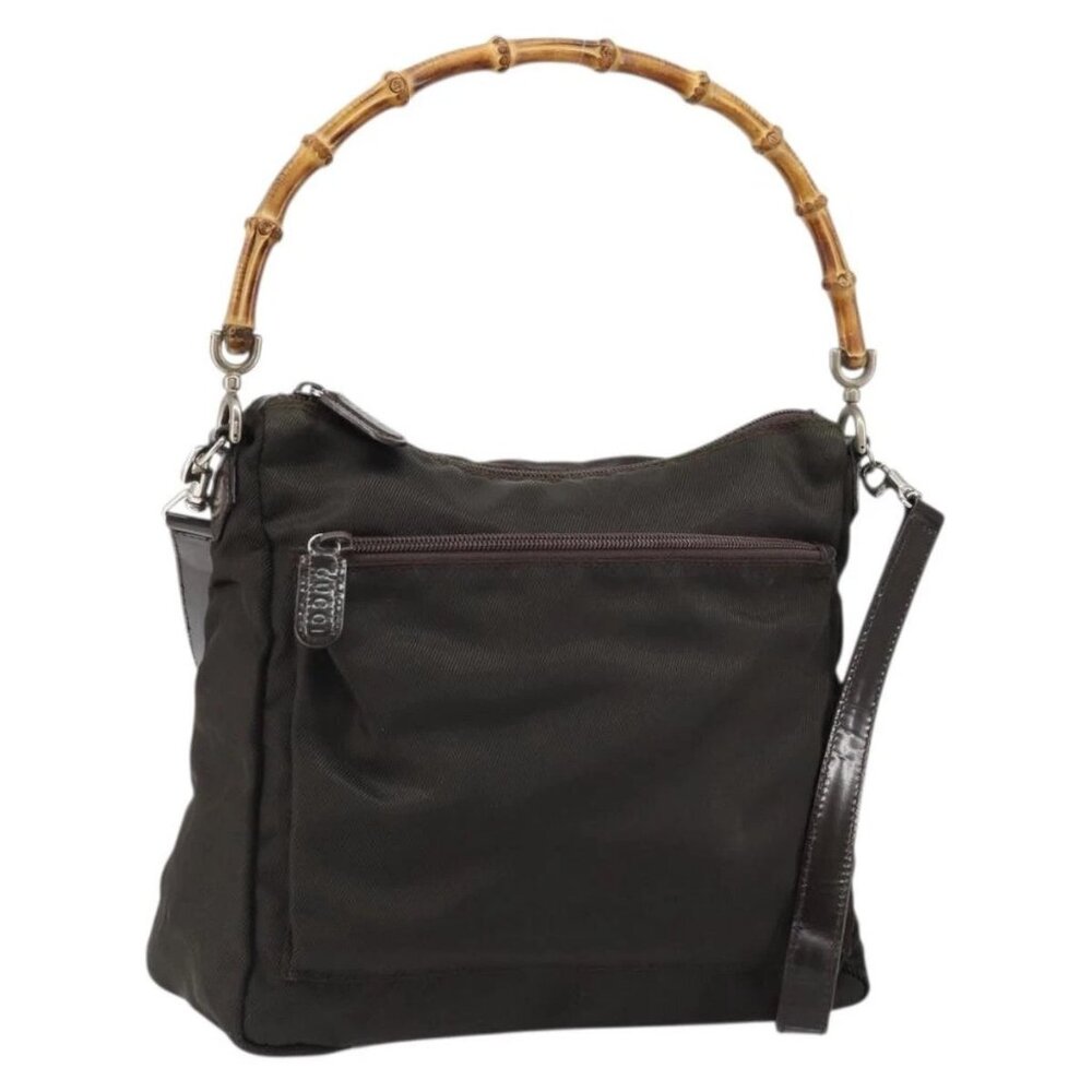 GUCCI Bamboo Hand Bag Nylon 2way Brown Silver